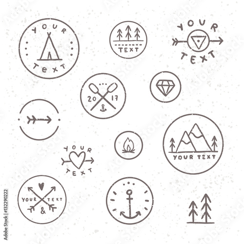 Set of hand drawn badges. Collection of outdoor, camping, tribe labels. Retro style, old texture