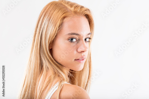 sweet blonde girl portrait on white