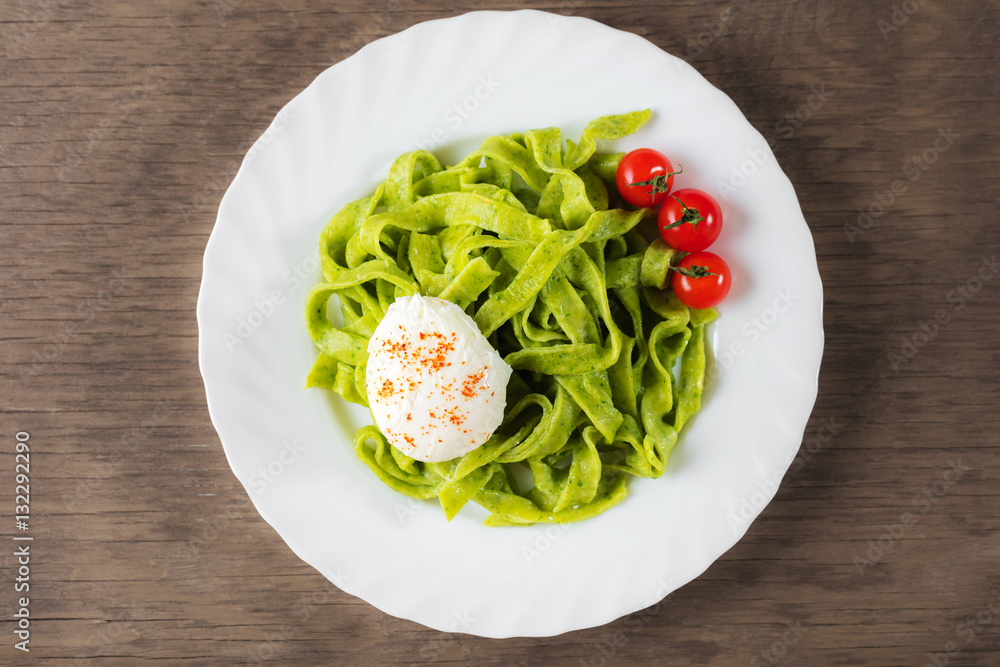 Spinach pasta with poached egg Spinach pasta with poached egg