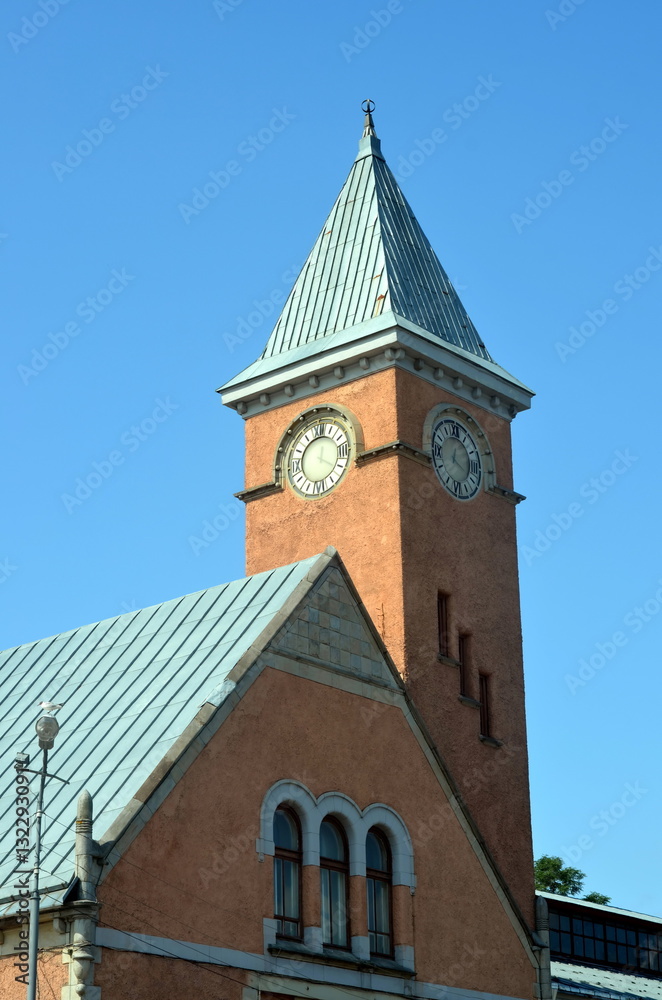 Clock tower of Market Building in Vyborg city 