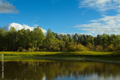 Fototapeta Naklejka Na Ścianę i Meble -  Serene landscape with green taiga forest above a lush grassy meadow and still lake
