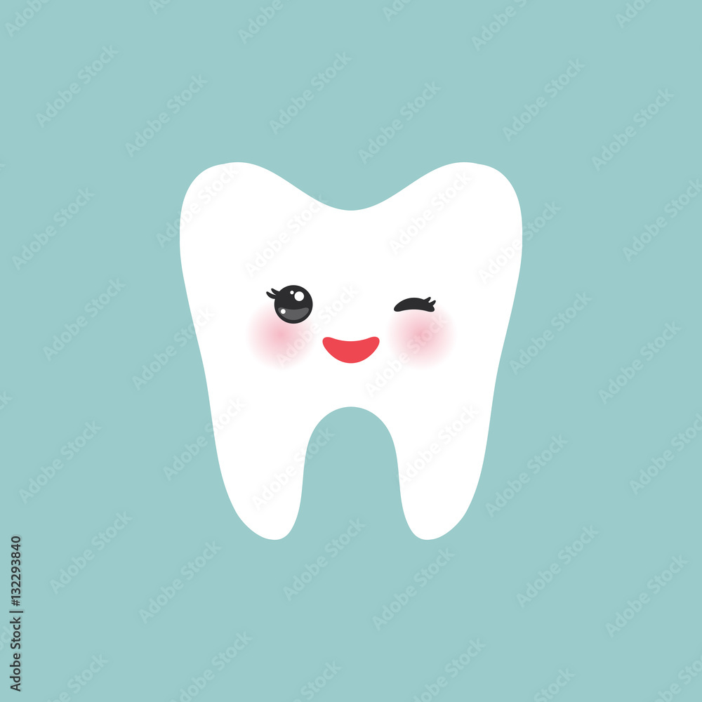 Smiling happily tooth Healthy cute cartoon tooth character, winking tooth with pink cheeks, blue background. Vector