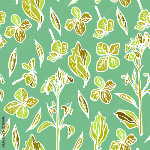 summer seamless pattern, leaves and flowers, orange and green on a green background. Vector