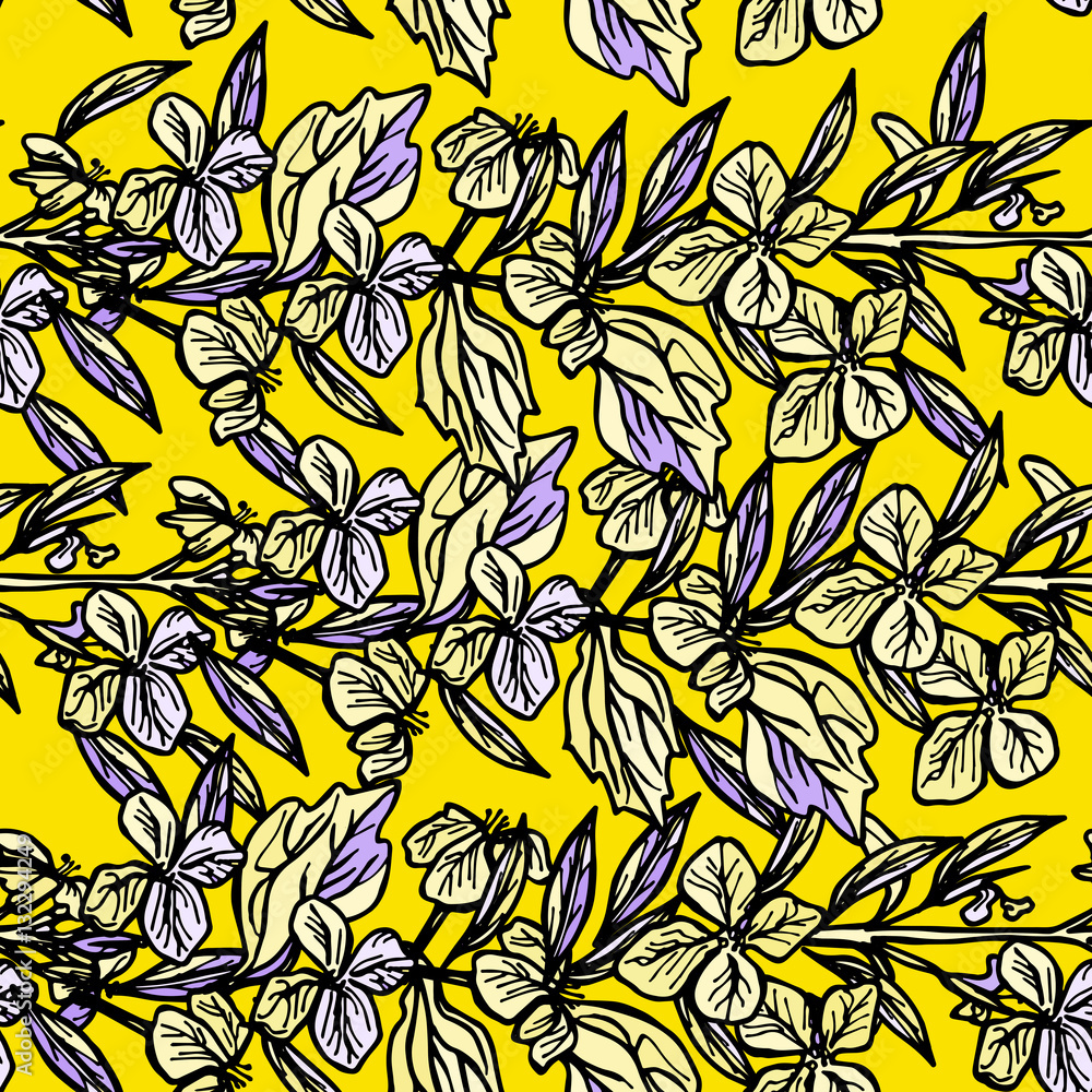 summer seamless pattern, leaves and flowers, sketch, yellow and black on yellow background. Vector summer seamless pattern, leaves and flowers, sketch, yellow and black on yellow background. Vector