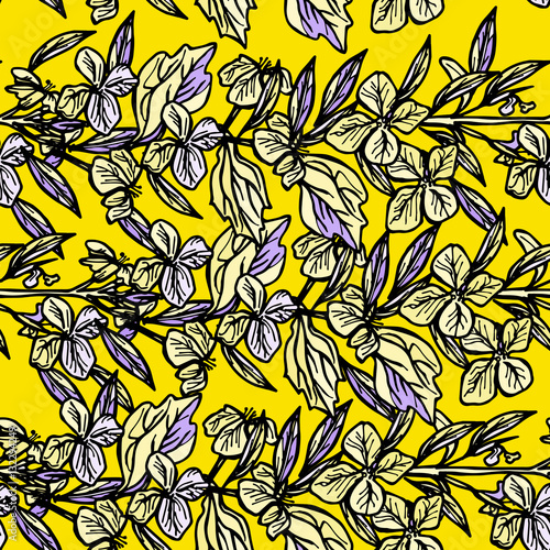 summer seamless pattern, leaves and flowers, sketch, yellow and black on yellow background. Vector