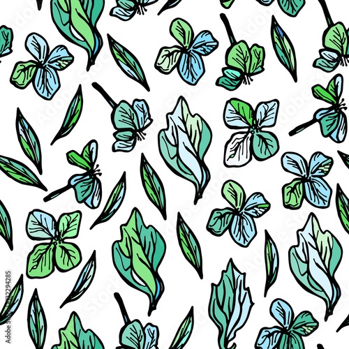 summer seamless pattern, leaves and flowers, sketch,green and black on white background background. Vector