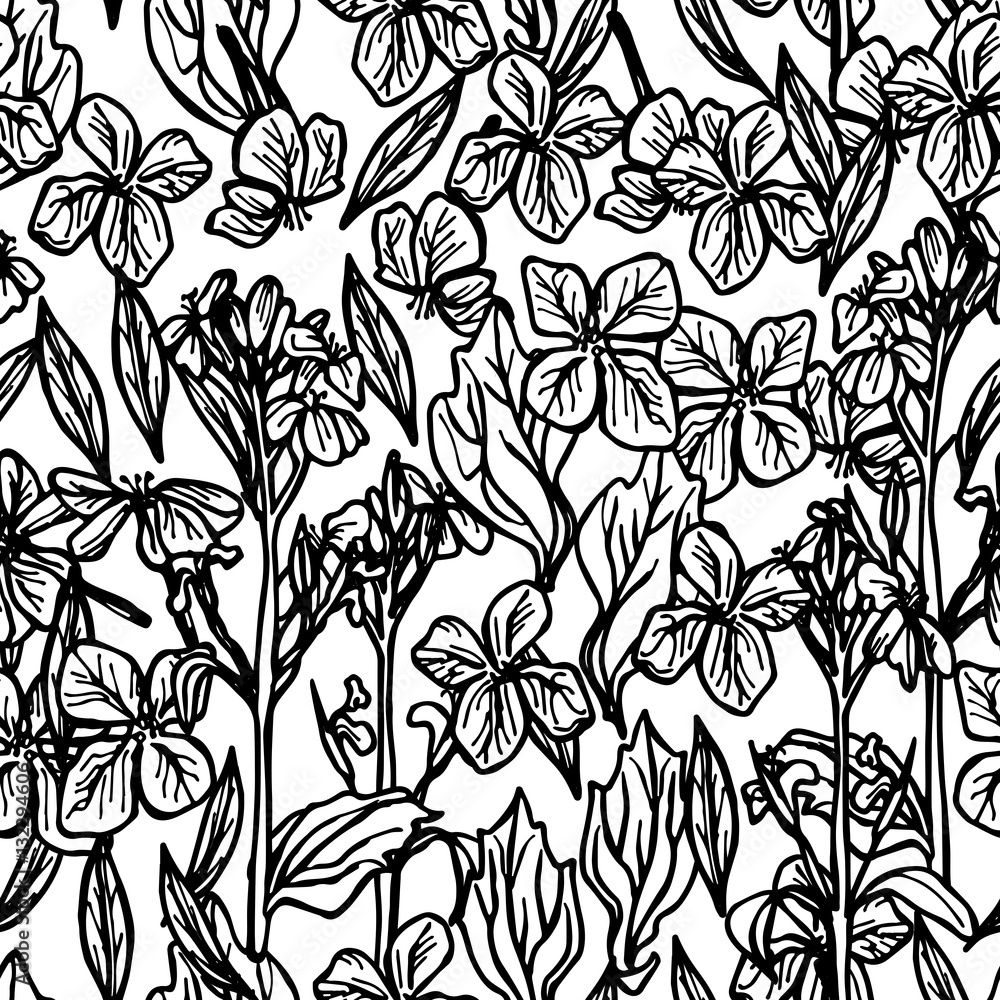 summer seamless pattern, leaves and flowers, sketch, black outline on white background. Vector summer seamless pattern, leaves and flowers, sketch, black outline on white background. Vector