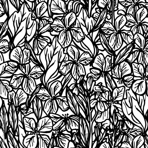 summer seamless pattern, leaves and flowers, sketch, black outline on white background. Vector