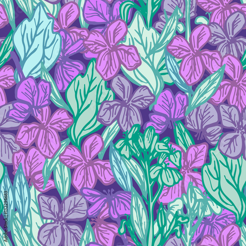 summer seamless pattern, leaves and flowers, sketch, lilac purple blue green outline on dark background. Vector