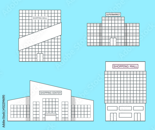 Set of store, shopping mall icons. Mall, shop, store, supermarket in flat style. Vector illustration