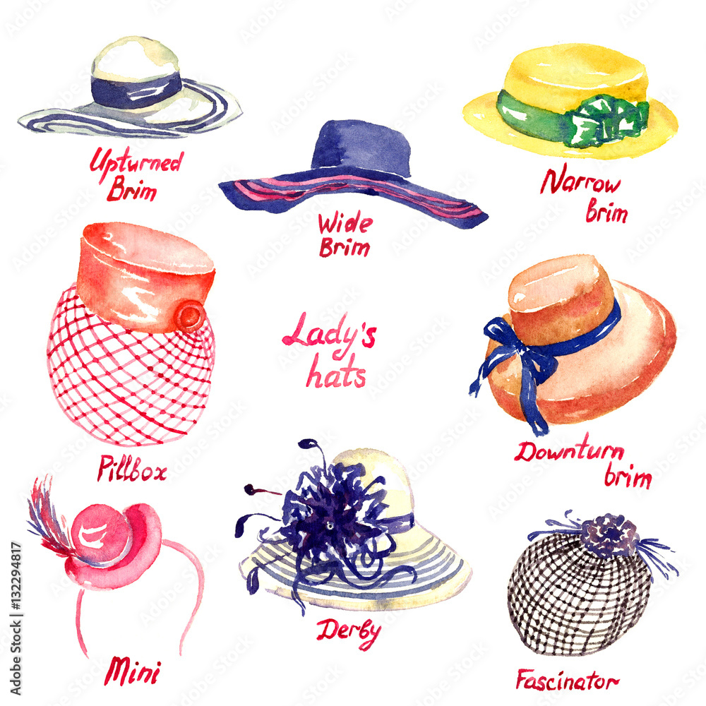 Lady's hats types: Upturned Brim, Wide Brim, Narrow Brim, Downturn Brim,  Pillbox, Mini, Derby, Fascinator, hand painted watercolor illustration  Stock Illustration | Adobe Stock