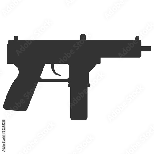 Submachine gun silhouette security and military weapon. Metal automatic gun. Criminal and police firearm vector illustration isolated on white.