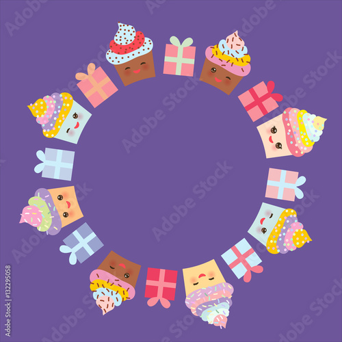 Card design with round frame, Cupcake Kawaii funny muzzle with pink cheeks and winking eyes, pastel colors on purple background. Vector