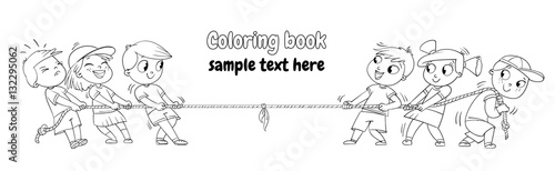 Kids playing tug of war. Coloring book