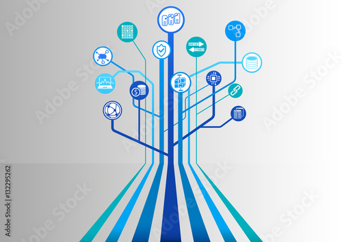 Blockchain vector background with various icons like distributed database, anonymized transfer and crypto-currency.