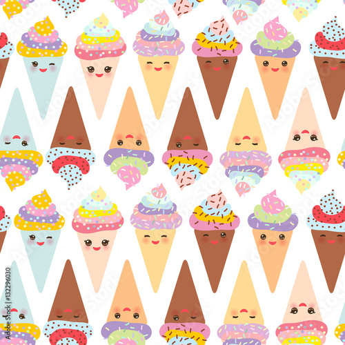 seamless pattern Kawaii funny Ice cream waffle cone, muzzle with pink cheeks and winking eyes, pastel colors on white background. Vector