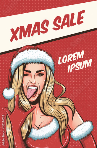 Pop art christmas sexy woman in Santa Claus hat with open mouth. Christmas background in pop art retro comic style.