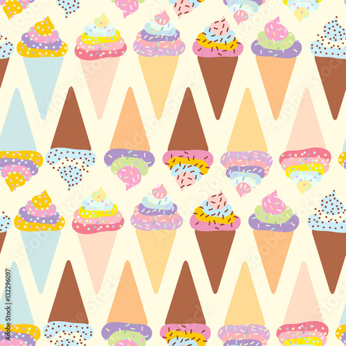 seamless pattern  Ice cream waffle cone, set with cream and sprinkles, pastel colors on light background. Vector