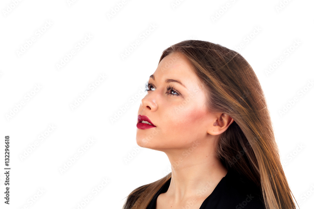 Profile of stylish girl with long blonde hair and red lips Profile of stylish girl with long blonde hair and red lips