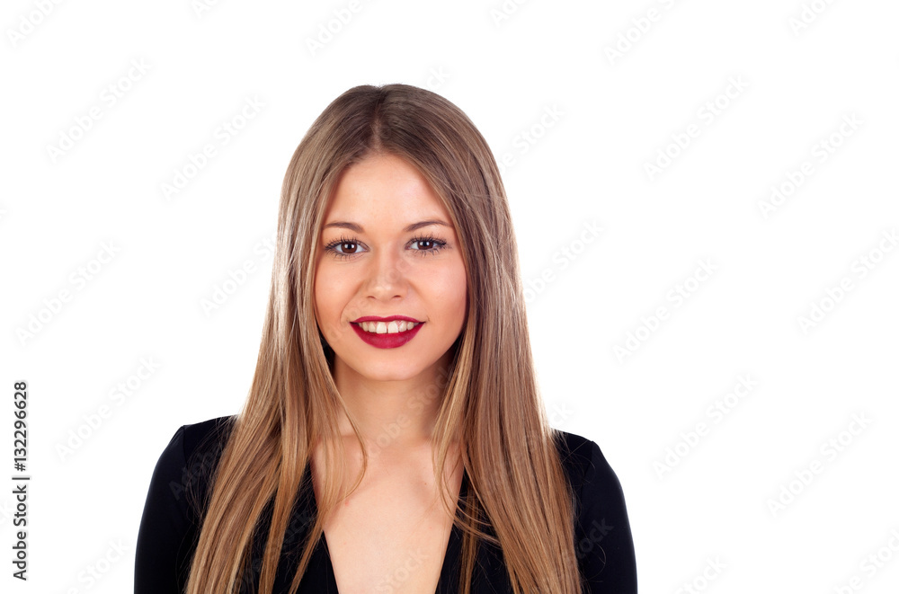 Portrait of stylish girl with long blonde hair and red lips Portrait of stylish girl with long blonde hair and red lips