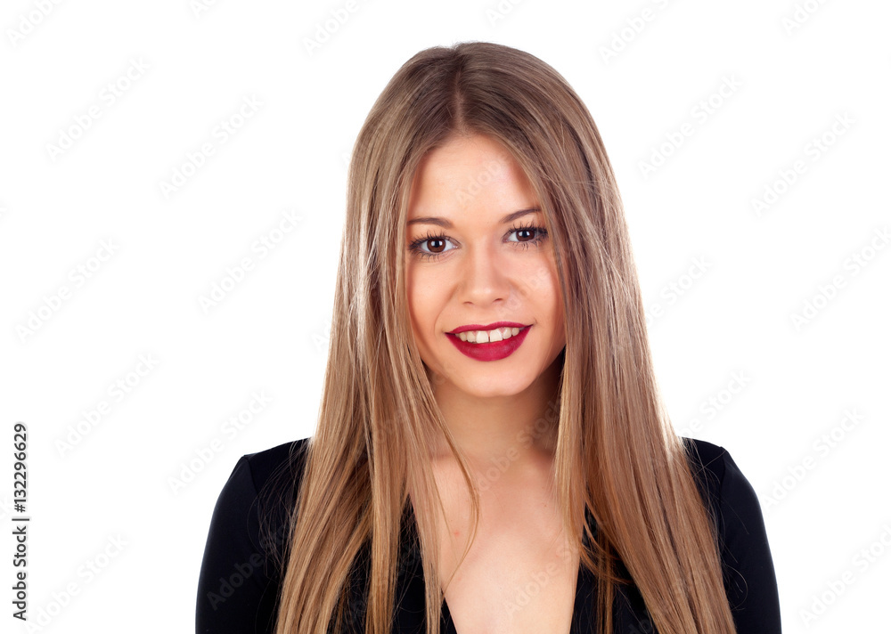 Portrait of stylish girl with long blonde hair and red lips