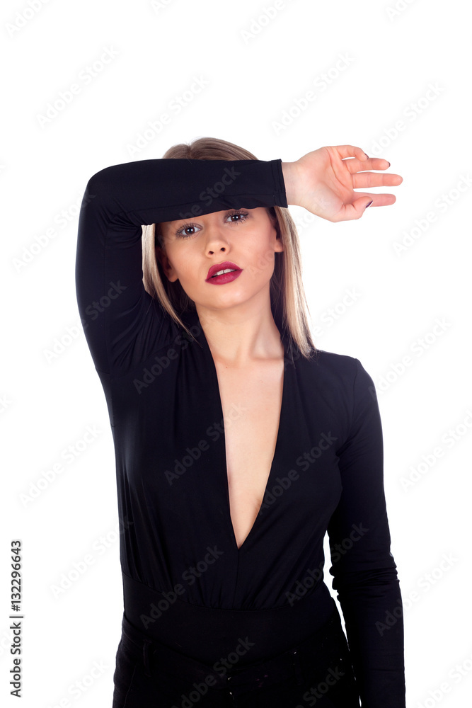 Stylish girl dressed in black with red lips Stylish girl dressed in black with red lips