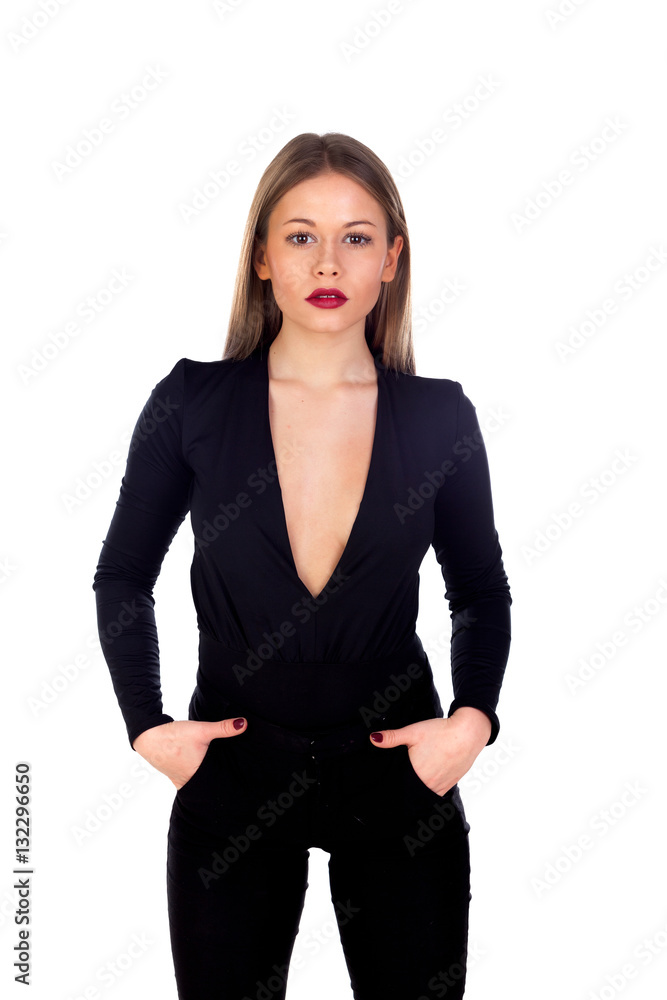 Stylish girl dressed in black with red lips Stylish girl dressed in black with red lips