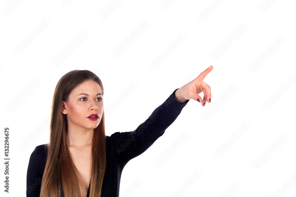 Blonde attractive girl indicating something with her finger