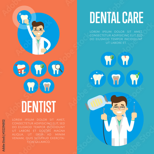 Smiling male dentist in white coat holding dental instruments. Cartoon dentist holding big tooth. Dentistry vector illustration. Healthcare and tooth care concept. Dental hygiene. Dentist office flyer