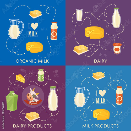 Four dairy banners with different milk products compositions isolated on color background, vector illustrations. I love milk concept. Nutritious and healthy products. Organic farmers food.