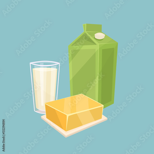 Glass witth milk and other dairy products isolated on blue background, vector illustration. Nutritious and healthy milk products. Natural and healthy food. Organic farmers products. Dairy icon.