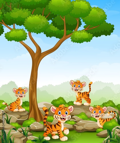 Fototapeta Naklejka Na Ścianę i Meble -  Cartoon tiger group in the jungle