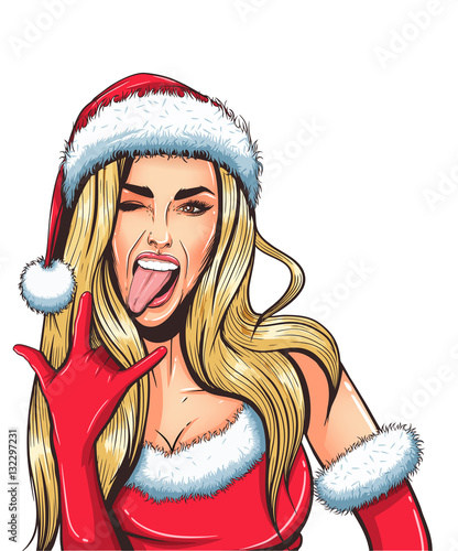 Pop art christmas sexy woman in Santa Claus hat with open mouth.
