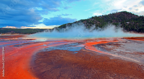 The Grand Prismatic Spring at sunset in the Midway Geyser Basin in Yellowstone National Park in Wyoming USA