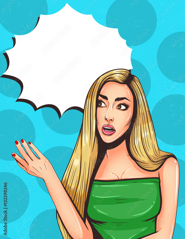 Pop Art Vintage advertising poster comic girl with speech bubble ...
