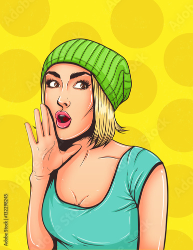 Pop Art Vintage advertising poster. Pretty girl announcing, telling a secret, shouting