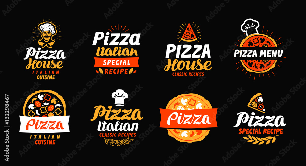 Pizza logo, label, element. Pizzeria, restaurant, food set icons. Vector illustration