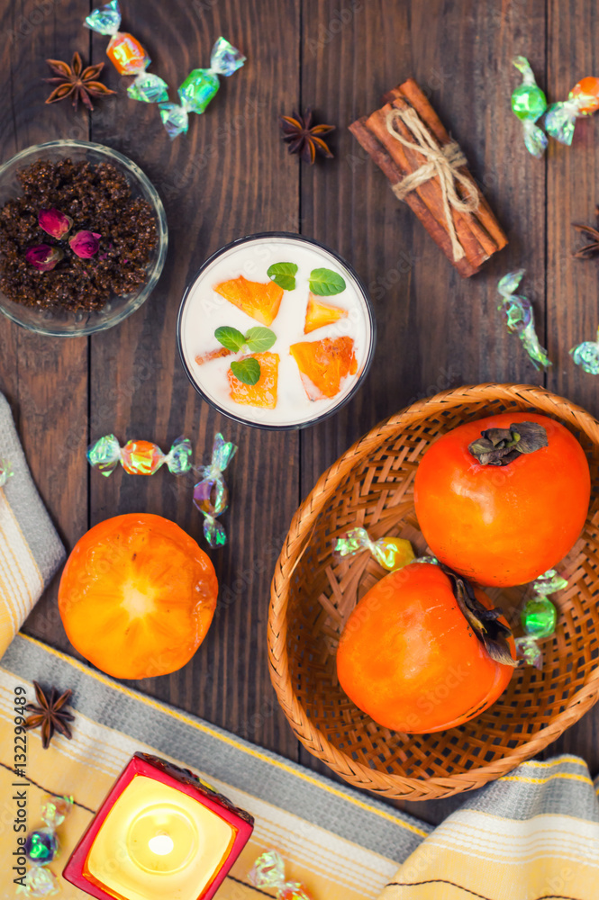 freshness cut fruit, persimmon on honey yogurt freshness cut fruit, persimmon on honey yogurt