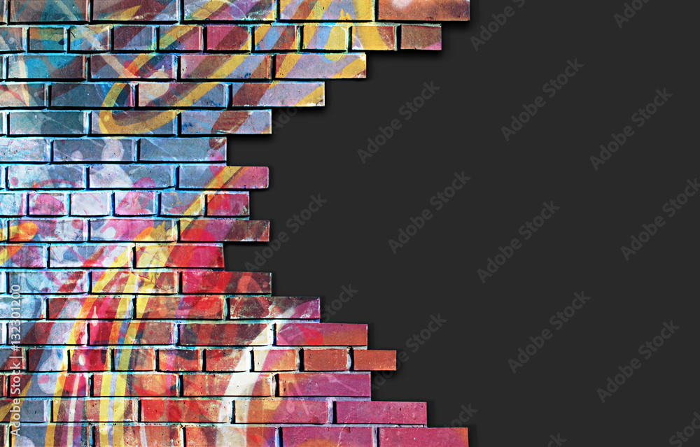 Fototapeta Stara cegła, łamająca kolorowa malująca ściana z zmrok kopii przestrzenią