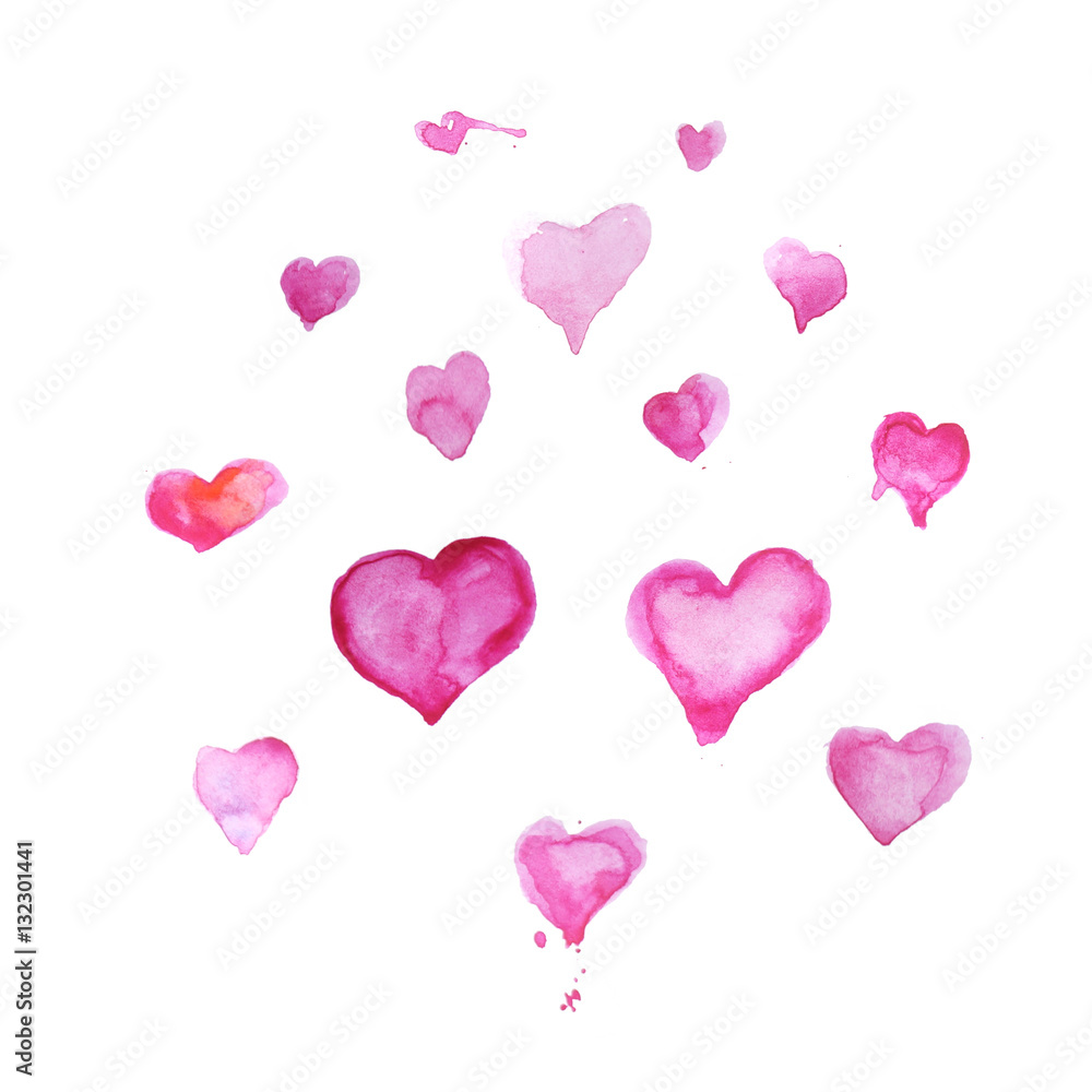 Watercolour hearts drawing on white background