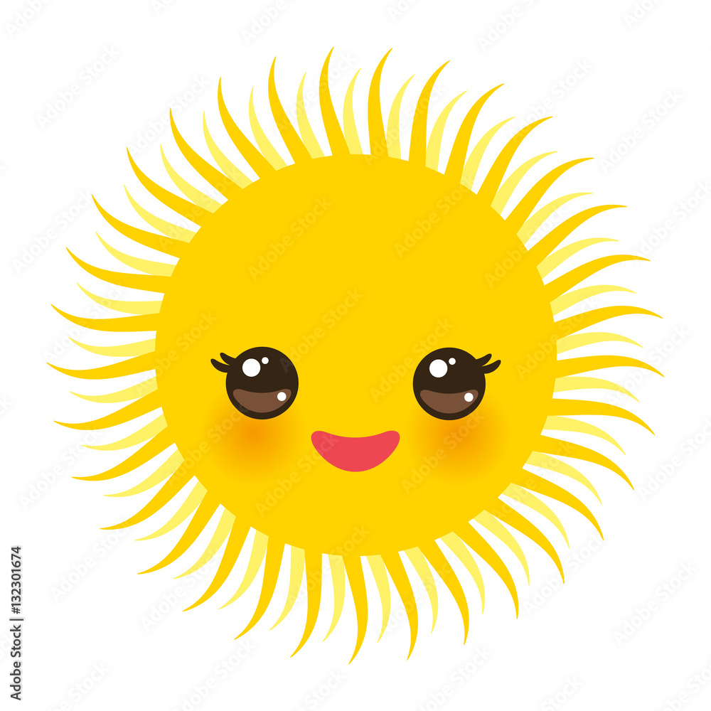 Kawaii funny yellow sun with pink cheeks and eyes on white background. Vector