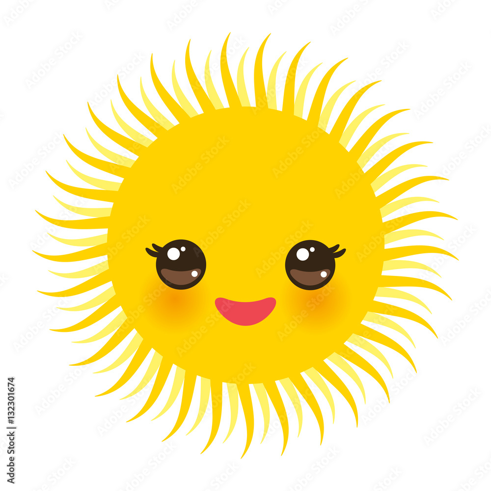 Kawaii funny yellow sun with pink cheeks and eyes on white background. Vector Kawaii funny yellow sun with pink cheeks and eyes on white background. Vector