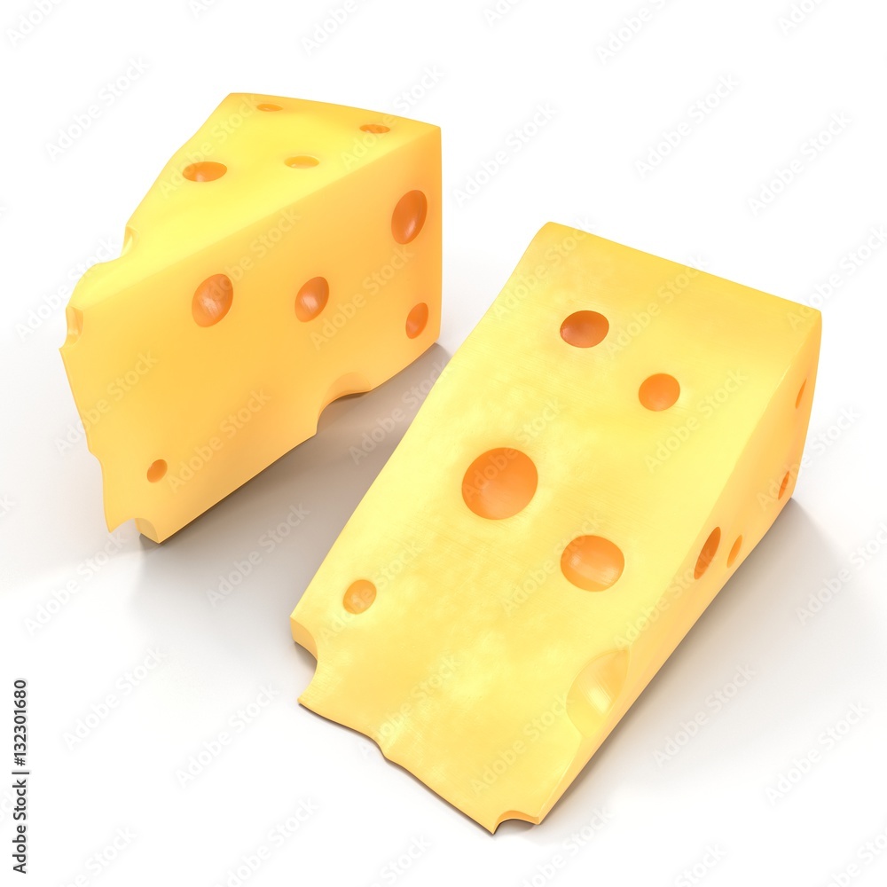 A wedge of cheese with holes on white. 3D illustration