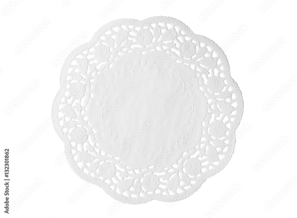 Lacy white paper napkin isolated on white background - obrazy, fototapety, plakaty 