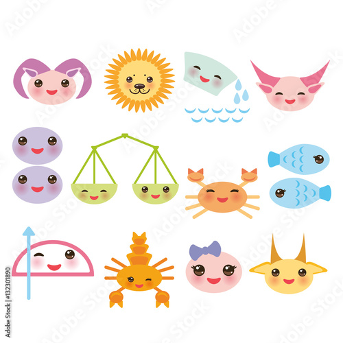 Funny Kawaii zodiac sign, astrological set virgo aries, gemini, cancer aquarius taurus leo, libra, sagittarius,  fish, capricorn, scorpio. Muzzle pink cheeks, winking eyes on white background. Vector