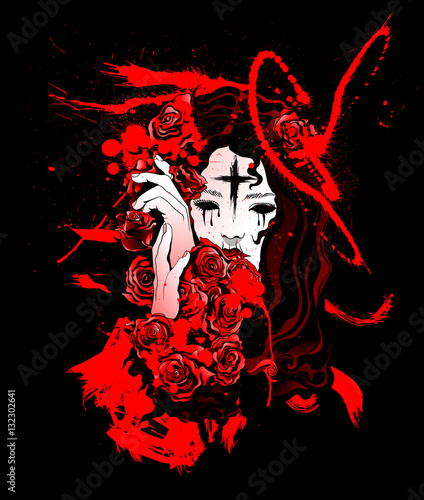 girl possessed by demons , surrounded by bloody roses