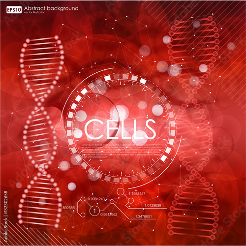 Science background with cells HUD. Red cell background. Life and biology, medicine scientific, bacteria, hemoglobin, blood, molecular research DNA. Vector illustration