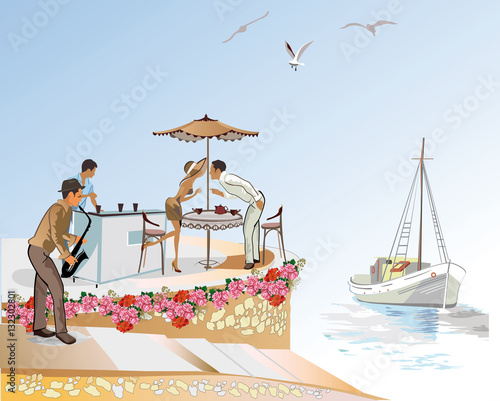 Fashion romantic couple kissing in the sea cafe.