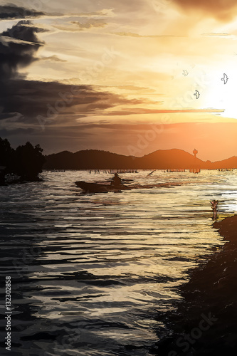 Illustration silhouette fishermen Life the beauty of nature