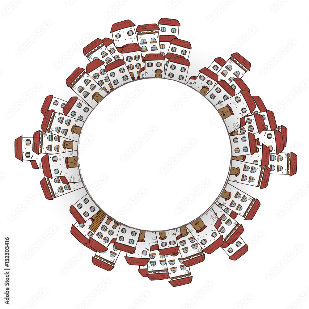 Vector circle frame with houses.